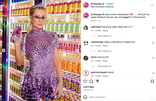 Screenshot of Poppi’s Instagram page with social media influencers promoting product